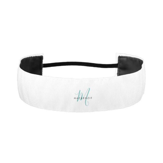 Elegant Modern White Teal Script Monogram Athletic Headband (Front)