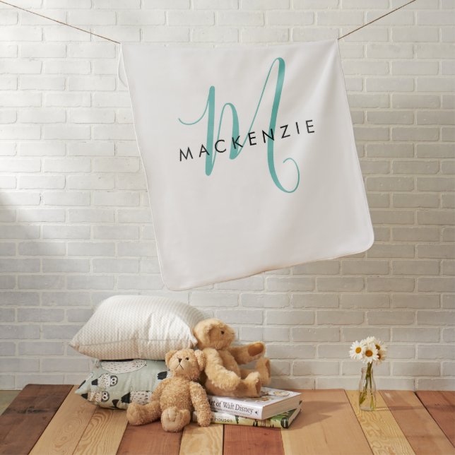 Elegant Modern White Teal Script Monogram Baby Blanket (In Situ)