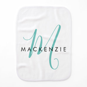 Elegant Modern White Teal Script Monogram Baby Burp Cloth