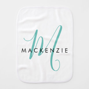 Elegant Modern White Teal Script Monogram Baby Burp Cloth