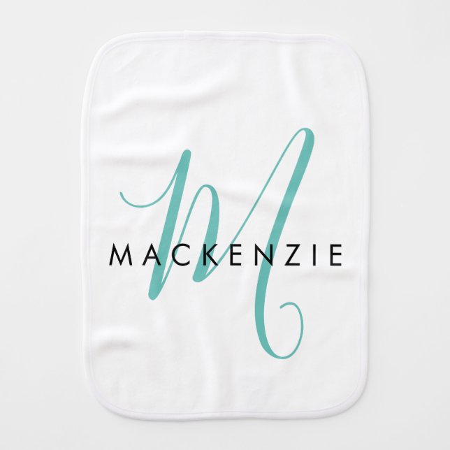 Elegant Modern White Teal Script Monogram Baby Burp Cloth (Front)