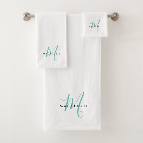 Elegant Modern White Teal Script Monogram Bath Towel Set