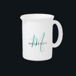 Elegant Modern White Teal Script Monogram Beverage Pitcher<br><div class="desc">Elegant Modern White Teal Script Monogram pitcher.  An elegant teal script monogram combined with a clean black san-serif font makes for a contemporary look.</div>