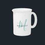 Elegant Modern White Teal Script Monogram Beverage Pitcher<br><div class="desc">Elegant Modern White Teal Script Monogram pitcher.  An elegant teal script monogram combined with a clean black san-serif font makes for a contemporary look.</div>