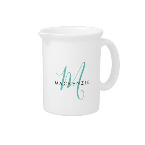 Elegant Modern White Teal Script Monogram Beverage Pitcher