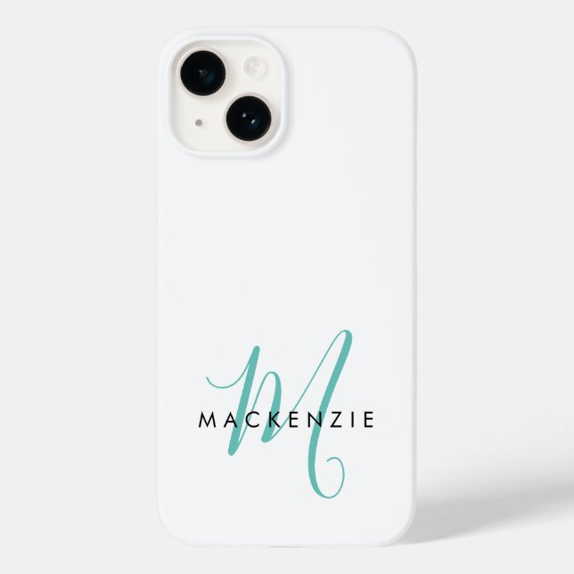 Elegant Modern White Teal Script Monogram Case-Mate iPhone Case (Back)