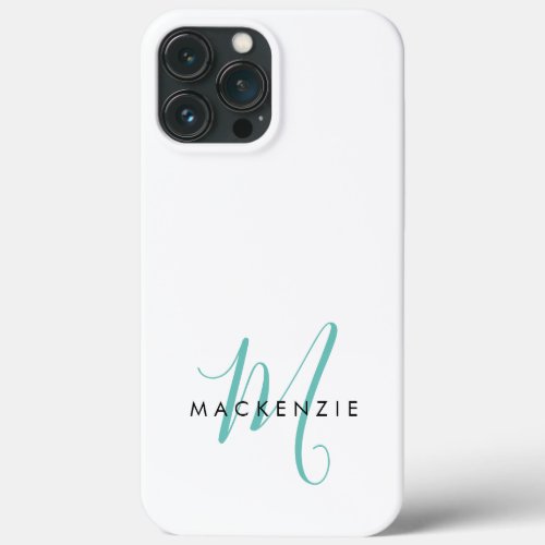 Elegant Modern White Teal Script Monogram iPhone 13 Pro Max Case