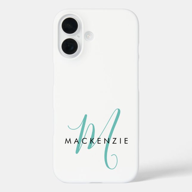 Elegant Modern White Teal Script Monogram Case-Mate iPhone Case (Back)