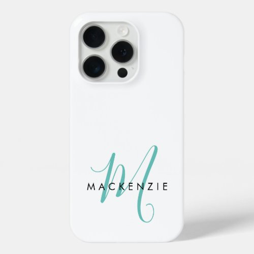 Elegant Modern White Teal Script Monogram iPhone 15 Pro Case