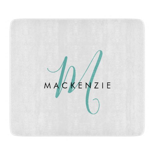 Elegant Modern White Teal Script Monogram Cutting Board