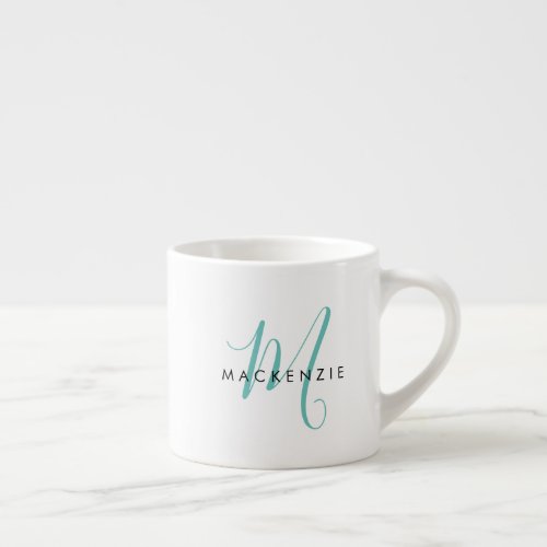 Elegant Modern White Teal Script Monogram Espresso Cup