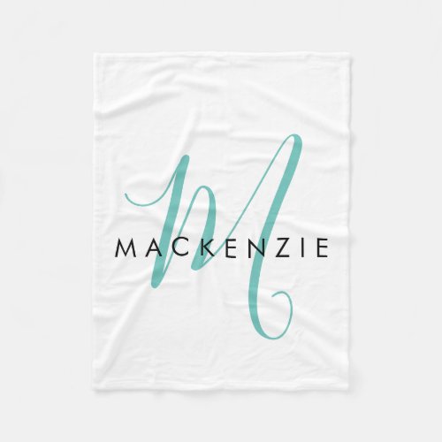 Elegant Modern White Teal Script Monogram Fleece Blanket