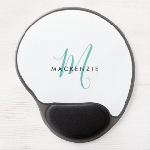 Elegant Modern White Teal Script Monogram Gel Mouse Pad