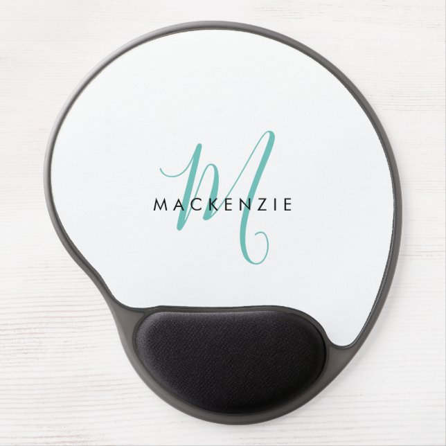 Elegant Modern White Teal Script Monogram Gel Mouse Pad (Front)