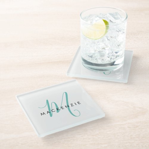 Elegant Modern White Teal Script Monogram Glass Coaster