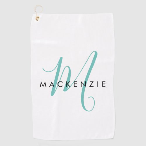 Elegant Modern White Teal Script Monogram Golf Towel