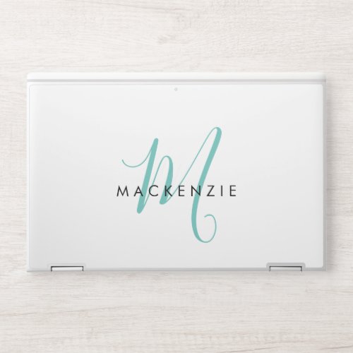 Elegant Modern White Teal Script Monogram HP Laptop Skin