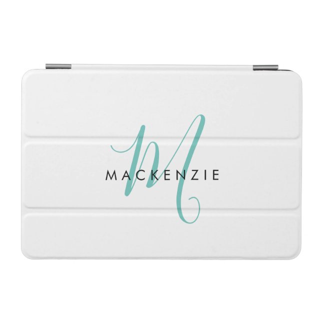 Elegant Modern White Teal Script Monogram iPad Mini Cover (Horizontal)