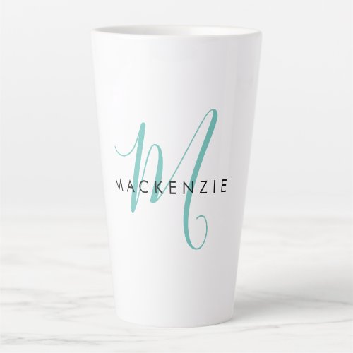 Elegant Modern White Teal Script Monogram Latte Mug