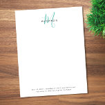 Elegant Modern White Teal Script Monogram Letterhead<br><div class="desc">Elegant Modern White Teal Script Monogram Letterhead with return address.  An elegant teal script monogram combined with a clean black san-serif font makes for a contemporary look.</div>