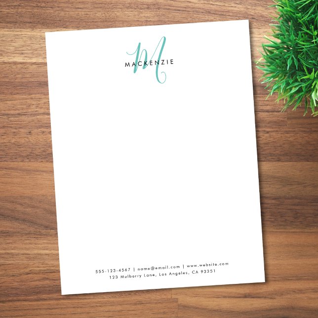 Elegant Modern White Teal Script Monogram Letterhead (Creator Uploaded)