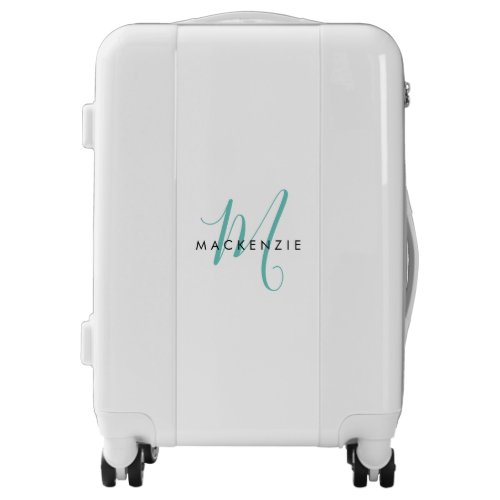 Elegant Modern White Teal Script Monogram Luggage