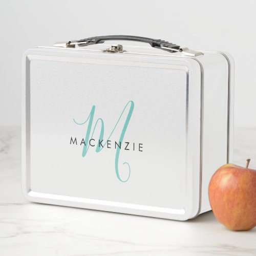 Elegant Modern White Teal Script Monogram Metal Lunch Box
