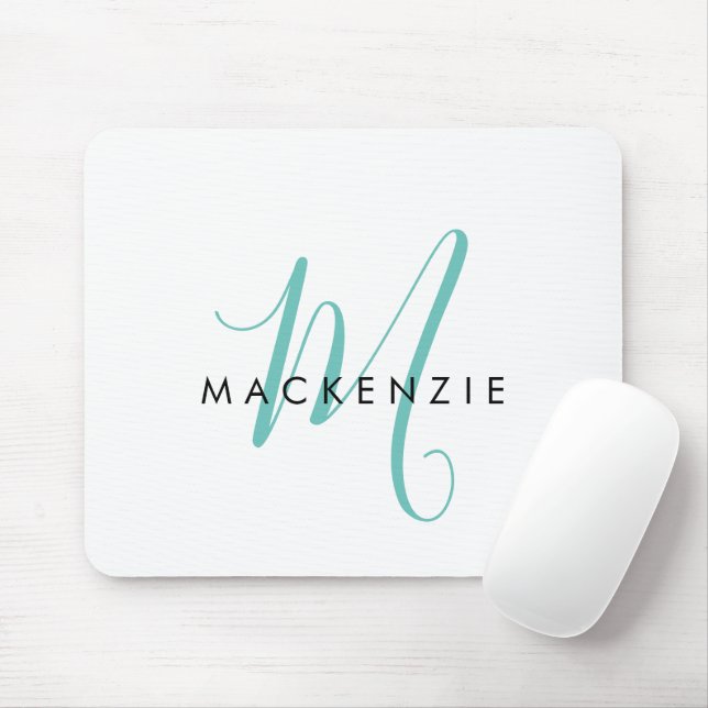 Elegant Modern White Teal Script Monogram Mouse Pad (With Mouse)