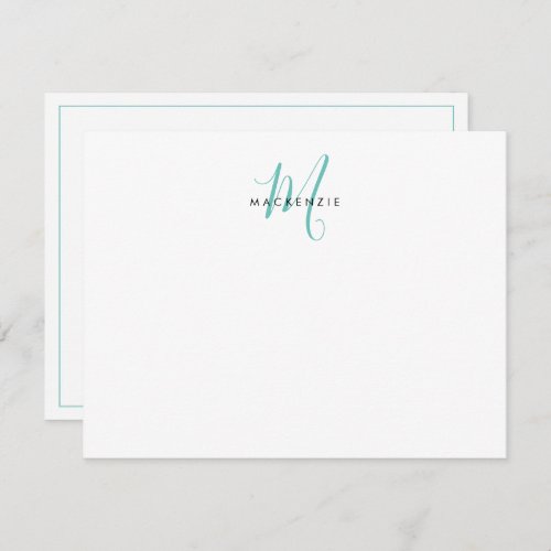 Elegant Modern White Teal Script Monogram Note Card