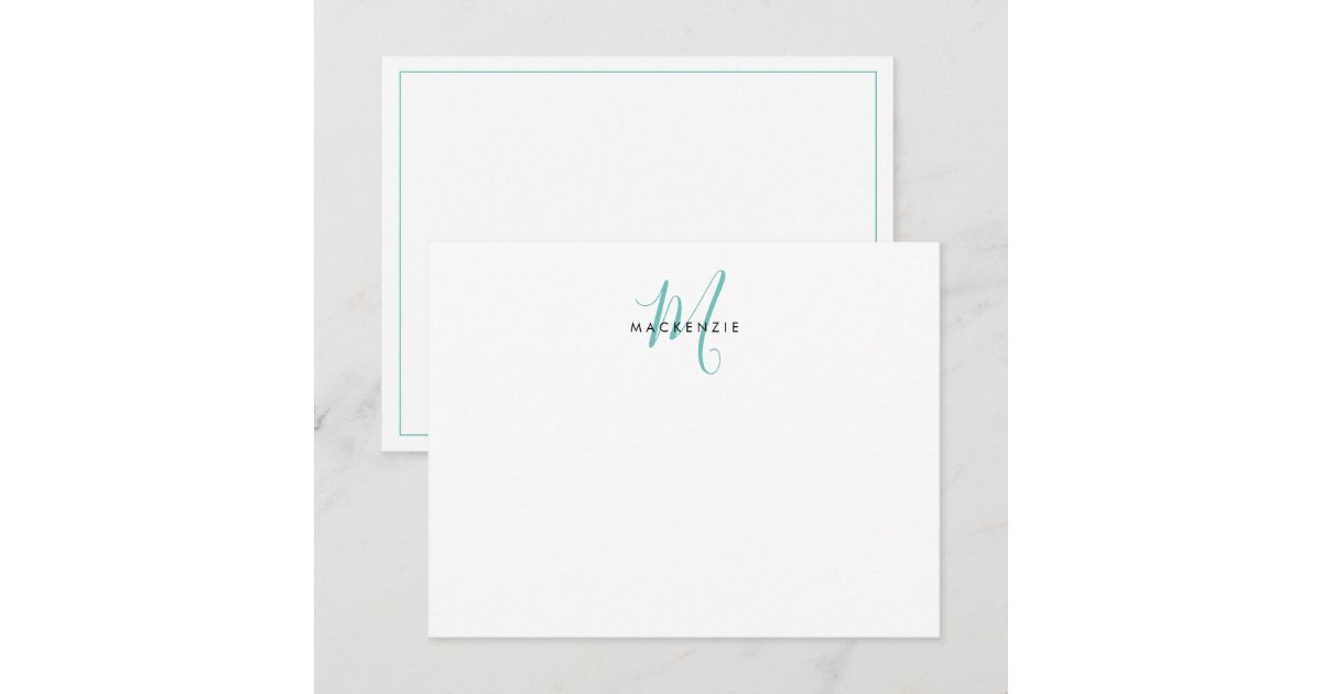 Elegant Modern White Teal Script Monogram Note Card | Zazzle