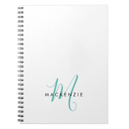 Elegant Modern White Teal Script Monogram Notebook