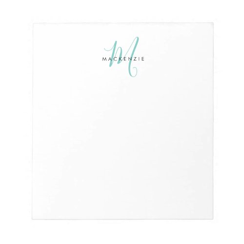 Elegant Modern White Teal Script Monogram Notepad