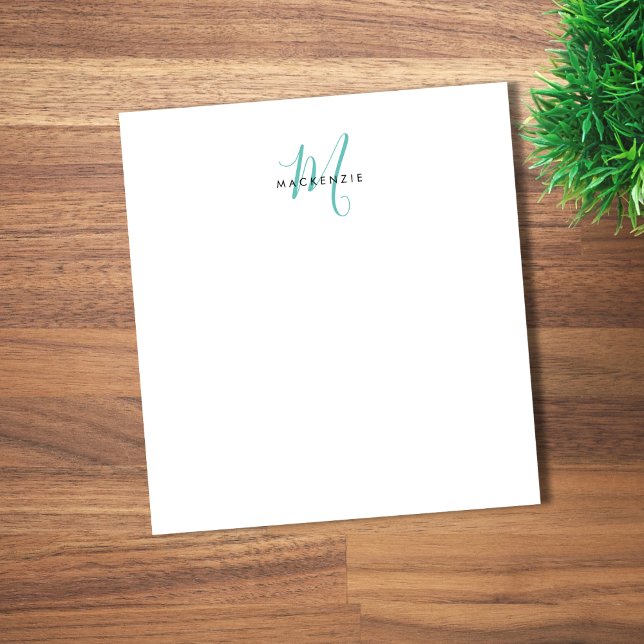 Elegant Modern White Teal Script Monogram Notepad (Creator Uploaded)