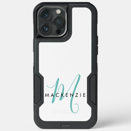 Elegant Modern White Teal Script Monogram iPhone 13 Pro Max Case