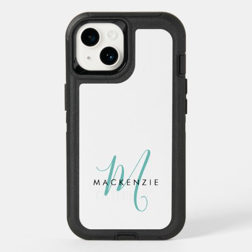 Elegant Modern White Teal Script Monogram OtterBox iPhone 14 Case