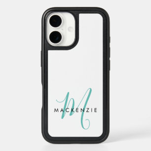 Elegant Modern White Teal Script Monogram iPhone 16 Case