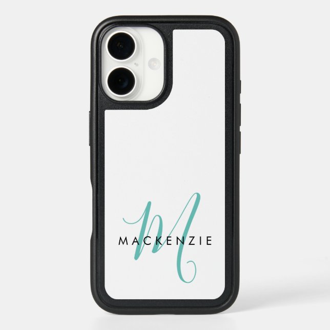 Elegant Modern White Teal Script Monogram Otterbox iPhone Case (Back)