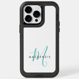 Elegant Modern White Teal Script Monogram OtterBox iPhone 14 Pro Max Case
