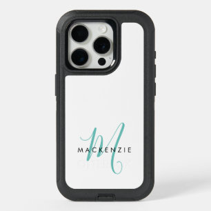 Elegant Modern White Teal Script Monogram iPhone 15 Pro Case