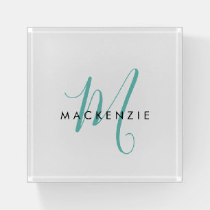 Elegant Modern White Teal Script Monogram Paperweight