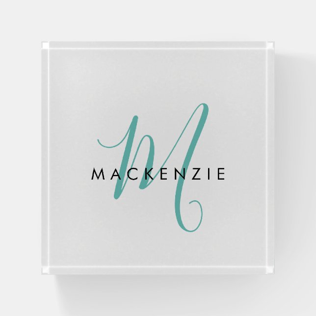 Elegant Modern White Teal Script Monogram Paperweight (Front)