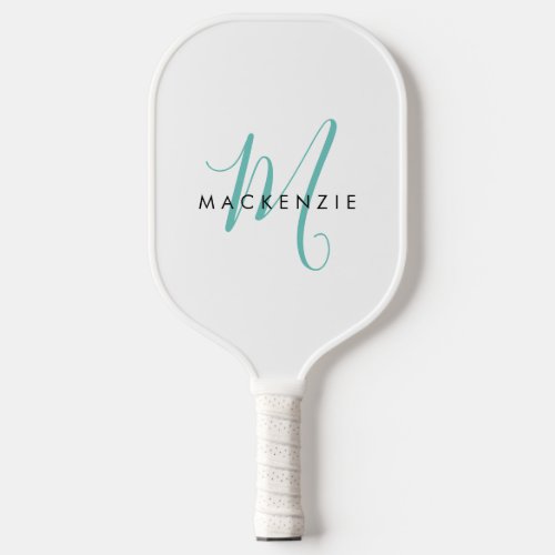 Elegant Modern White Teal Script Monogram Pickleball Paddle