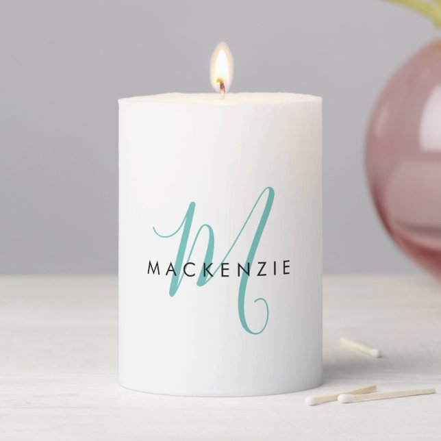 Elegant Modern White Teal Script Monogram Pillar Candle (In Situ)
