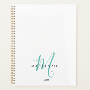 Elegant Modern White Teal Script Monogram Planner