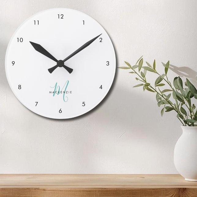 Elegant Modern White Teal Script Monogram Round Clock (Creator Uploaded)