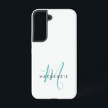Elegant Modern White Teal Script Monogram Samsung Galaxy S22 Case<br><div class="desc">Elegant Modern White Teal Script Monogram Phone Case.  An elegant teal script monogram combined with a clean black san-serif font makes for a contemporary look.</div>