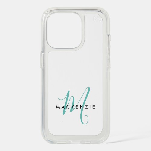 Elegant Modern White Teal Script Monogram iPhone 15 Pro Case