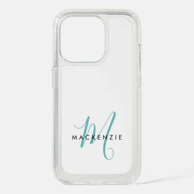 Elegant Modern White Teal Script Monogram Speck iPhone Case (Front)