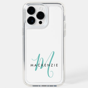 Elegant Modern White Teal Script Monogram Speck iPhone 14 Pro Max Case