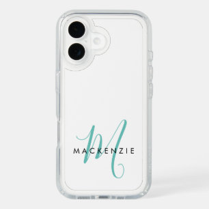 Elegant Modern White Teal Script Monogram iPhone 16 Case